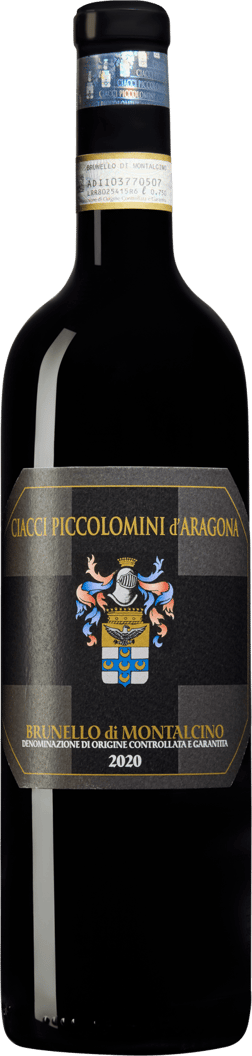 En glasflaska med Ciacci Piccolomini Brunello di Montalcino 2020, ett rött vin från Toscana i Italien