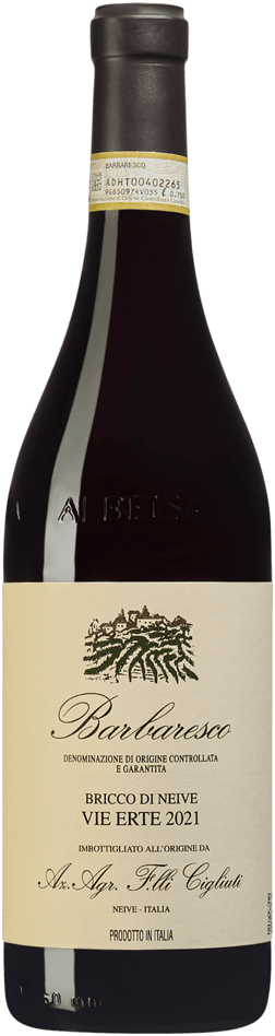 En glasflaska med Cigliuti Bricco di Neive Vie Erte 2021, ett rött vin från Piemonte i Italien