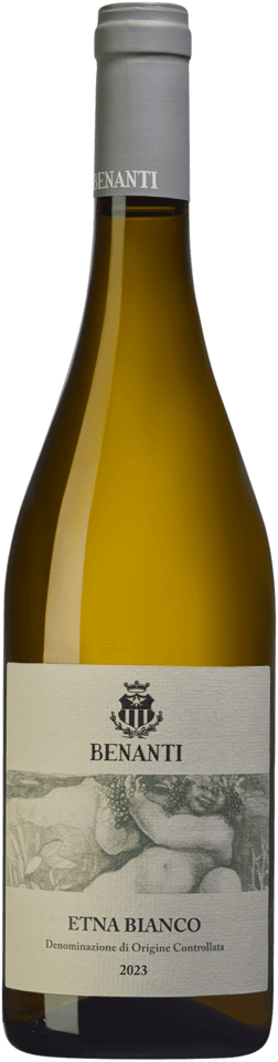 En glasflaska med Benanti Etna Bianco 2023, ett vitt vin från Italien