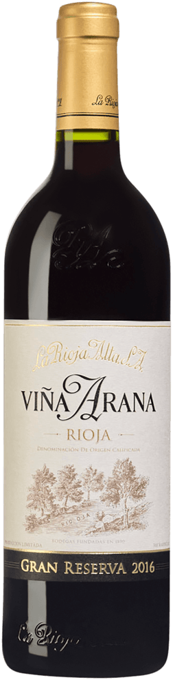 En glasflaska med Viña Arana Gran Reserva 2016, ett rött vin från Rioja i Spanien