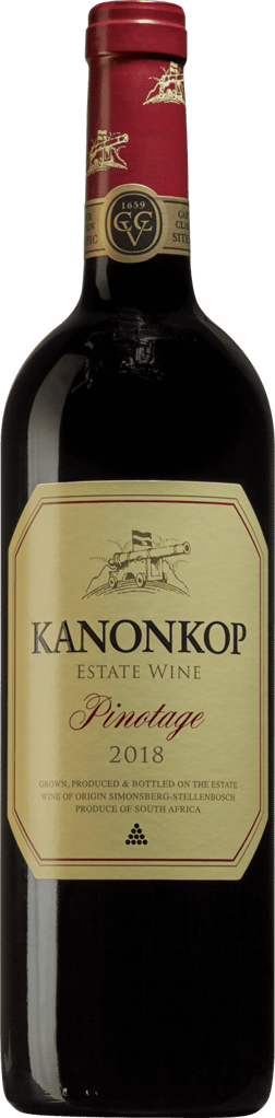 En glasflaska med Kanonkop Estate Pinotage 2021, ett rött vin från Western Cape i Sydafrika
