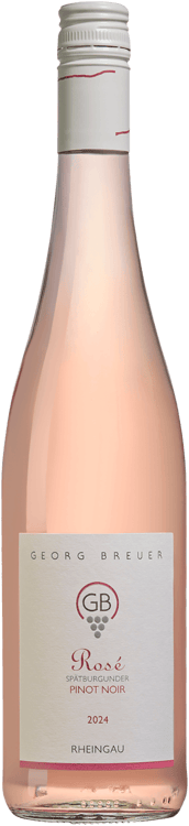 En lättare glasflaska med GB Spätburgunder Rosé Georg Breuer, en rosévin från Rheingau i Tyskland
