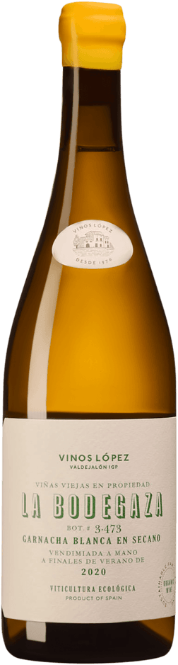 En lättare glasflaska med Vinos Lopez  La Bodegaza Garnacha Blanca 2020, ett vitt vin från Aragonien i Spanien