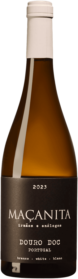 En glasflaska med Maçanita Branco 2023, ett vitt vin från Portugal