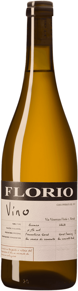 En lättare glasflaska med Vino Florio, ett vitt vin från Italien