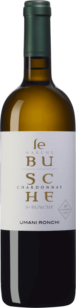 En glasflaska med Umani Ronchi Le Busche Chardonnay 2022, ett vitt vin från Marche i Italien