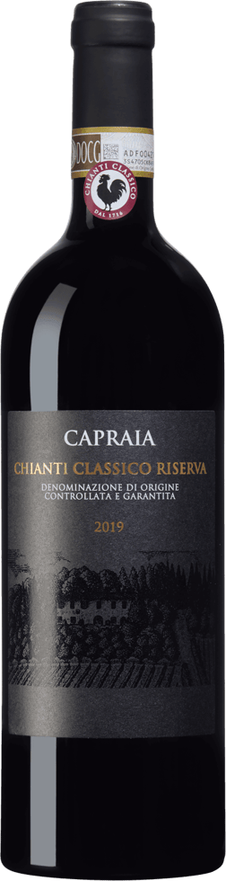En glasflaska med Capraia Chianti Classico Riserva 2019, ett rött vin från Toscana i Italien