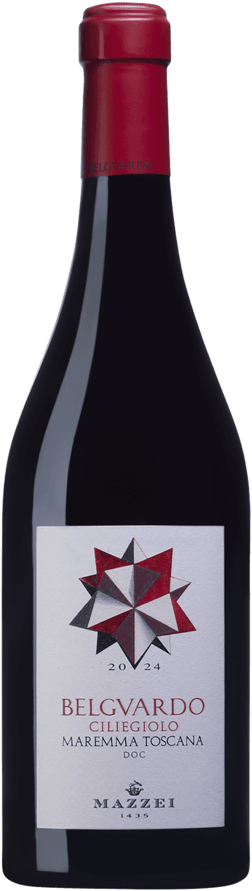 En glasflaska med Marchesi Mazzei Belgvardo Ciliegiolo 2024, ett rött vin från Toscana i Italien