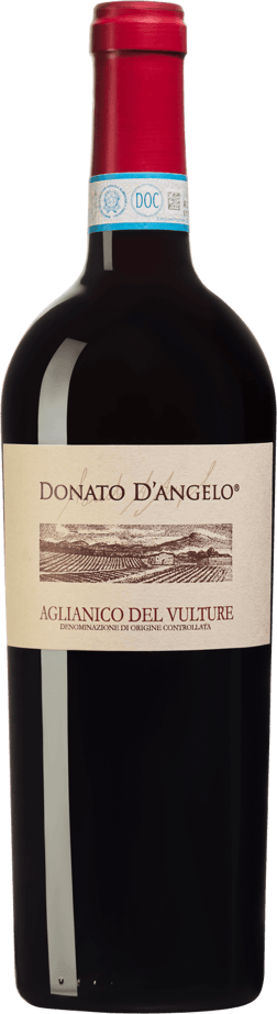 En glasflaska med Donato D'Angelo Aglianico del Vulture 2020, ett rött vin från Basilicata i Italien