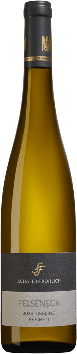En glasflaska med Schäfer-Fröhlich Bockenauer Felseneck Riesling Kabinett 2023, ett vitt vin från Nahe i Tyskland