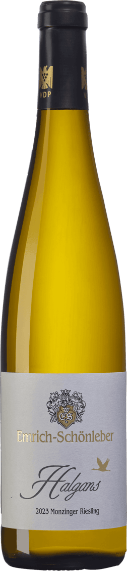 En glasflaska med Emrich-Schönleber Halgans Monzinger Riesling Trocken 2023, ett vitt vin från Nahe i Tyskland