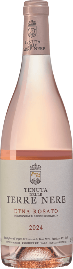 En glasflaska med Tenuta delle Terre Nere Etna Rosato 2024, en rosévin från Sicilien i Italien