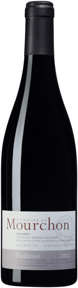En glasflaska med Domaine de Mourchon Tradition 2022, ett rött vin från Rhonedalen i Frankrike