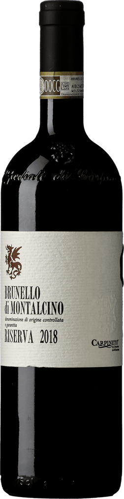En glasflaska med Carpineto Brunello di Montalcino Riserva 2018, ett rött vin från Toscana i Italien