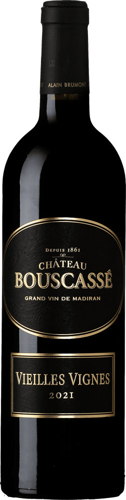 En glasflaska med Alain Brumont Château Bouscassé Vieilles Vignes 2021, ett rött vin från Frankrike sydväst i Frankrike