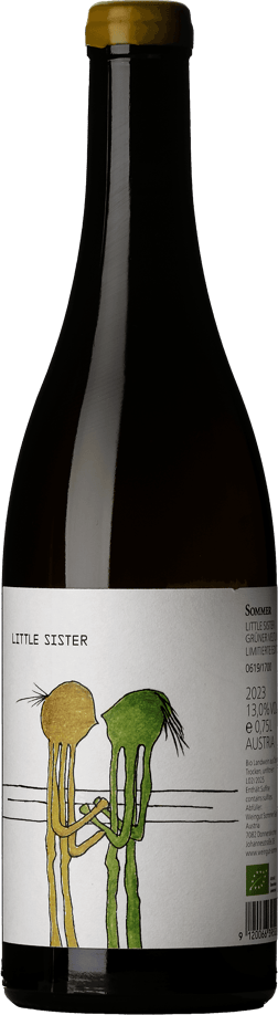 En glasflaska med Weingut Sommer Little Sister Grüner Veltliner 2023, ett vitt vin från Österrike