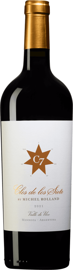 En glasflaska med Clos de los Siete 2020, ett rött vin från Cuyo i Argentina