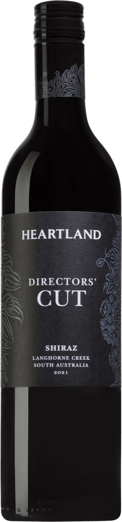 En glasflaska med Heartland Director's Cut Shiraz 2021, ett rött vin från South Australia i Australien