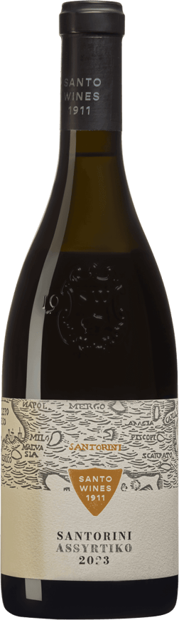 En glasflaska med Santo Wines Santorini Assyrtiko 2023, ett vitt vin från Kykladerna i Grekland