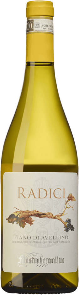 En glasflaska med Mastroberardino Radici Fiano di Avellino 2024, ett vitt vin från Kampanien i Italien