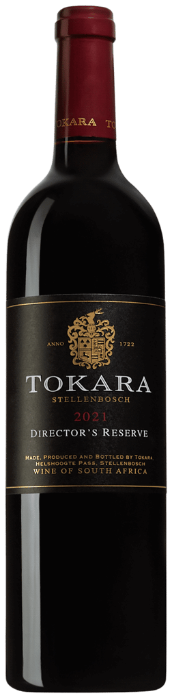 En glasflaska med Tokara Director's Reserve 2021, ett rött vin från Western Cape i Sydafrika