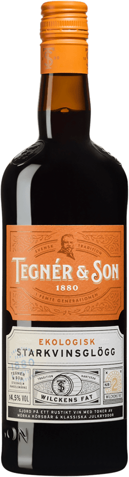 En glasflaska med Tegnér & Son Wilckens Fat Starkvinsglögg, en glögg och Glühwein från Sverige