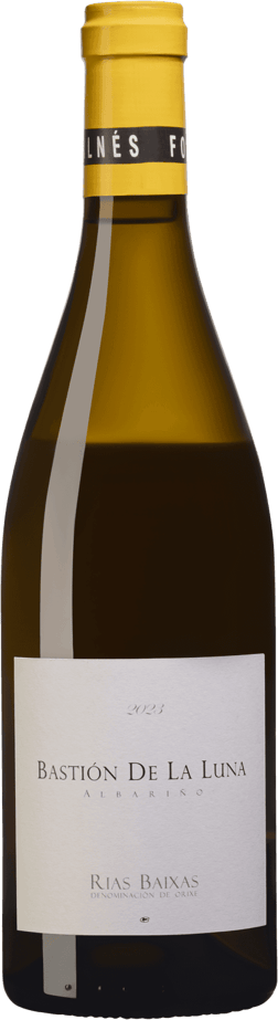 En glasflaska med Bastion de la Luna Albariño 2022, ett vitt vin från Galicien i Spanien