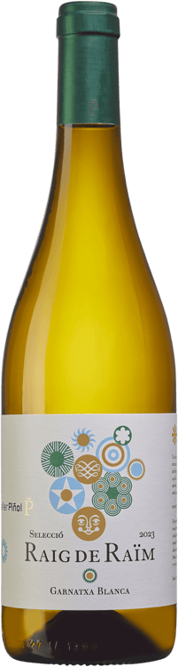 En glasflaska med Raig de Raïm, ett vitt vin från Katalonien i Spanien