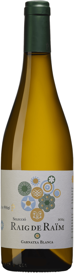 En lättare glasflaska med Celler Piñol Raig de Raïm 2023, ett vitt vin från Katalonien i Spanien