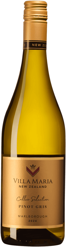 En lättare glasflaska med Villa Maria Cellar Selection Pinot Gris 2024, ett vitt vin från Marlborough i Nya Zeeland