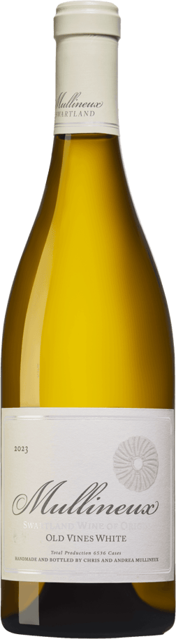 En glasflaska med Mullineux Old Vines White 2023, ett vitt vin från Western Cape i Sydafrika