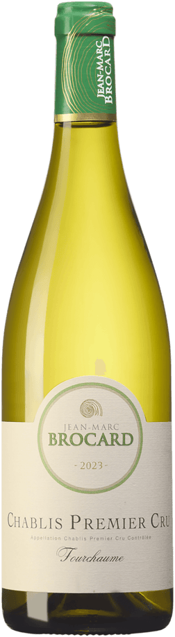 En glasflaska med Brocard Chablis Premier Cru Fourchaume 2022, ett vitt vin från Bourgogne i Frankrike
