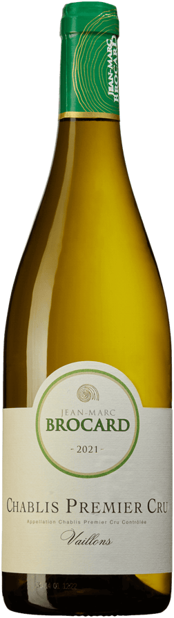 En glasflaska med J-M Brocard Chablis Premier Cru Vaillons 2021, ett vitt vin från Bourgogne i Frankrike