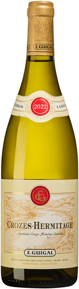 En glasflaska med E. Guigal Crozes-Hermitage Blanc 2022, ett vitt vin från Rhonedalen i Frankrike