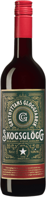 En lättare glasflaska med Grythyttan Skogsglögg, en glögg och Glühwein från Sverige