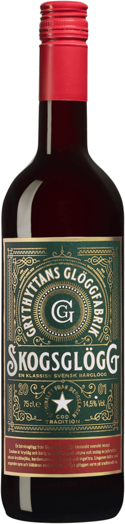 En lättare glasflaska med Grythyttans Skogsglögg, en glögg och Glühwein från Sverige