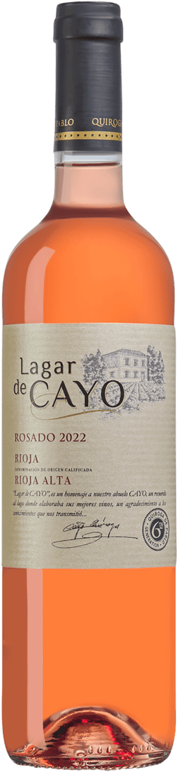 En lättare glasflaska med Bodegas y Viñedos Quiroga de Pablo Lagar de Cayo Rosado 2022, en rosévin från Rioja i Spanien