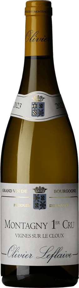 En glasflaska med Olivier Leflaive Montagny Vignes sur le Cloux Premier Cru 2023, ett vitt vin från Bourgogne i Frankrike