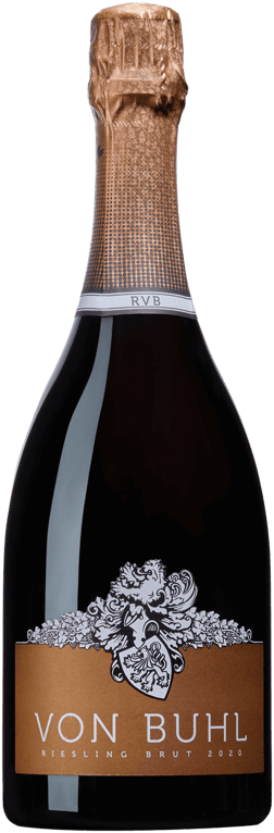 En glasflaska med Von Buhl Riesling Sekt 2020, en mousserande från Pfalz i Tyskland